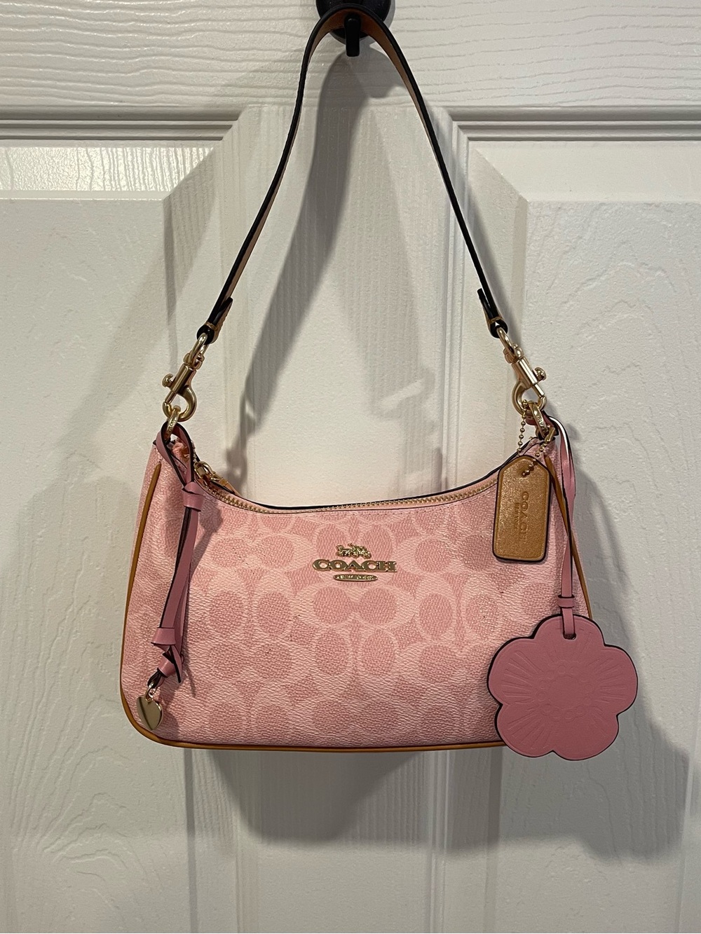 Coach Teri Shoulder Bag Pink Signature Canvas Gold Hardware Floral Charm